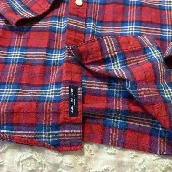 American Eagle classic fit seriously soft plaid red blue men’s button-down shirt - Picture 6 of 9